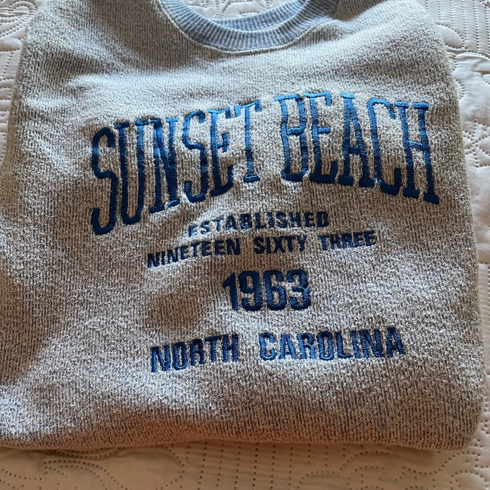 Sunset Beach Embroidered Grey Sweatshirt with Blue Lettering